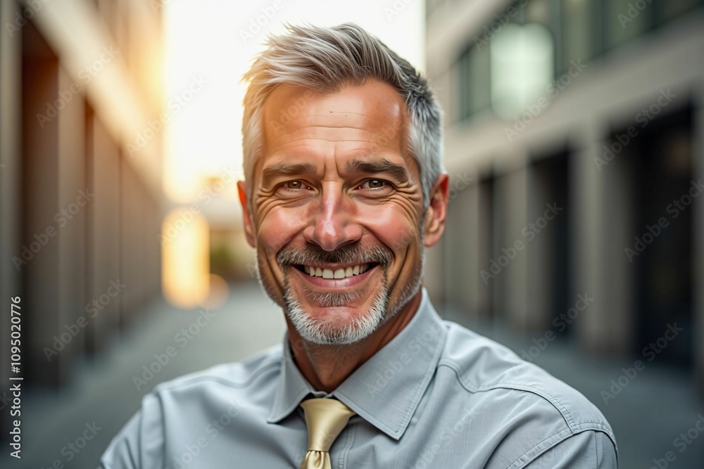 Fototapeta premium Confident Business Leader Smiling in a Bright Urban Professional Setting
