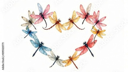 Heart made of colorful dragonflies on a white background
