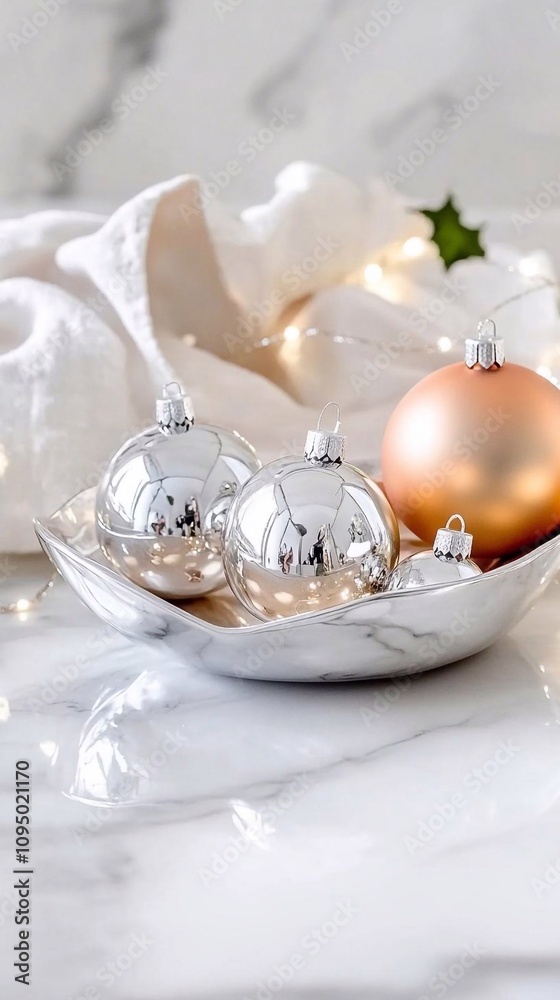 Decorative ornaments and fairy lights create a festive atmosphere on a marble surface during the holiday season. Winter wedding Decorative ornaments and fairy lights create a festive atmosphere on a marble surface during the holiday season. Winter wedding