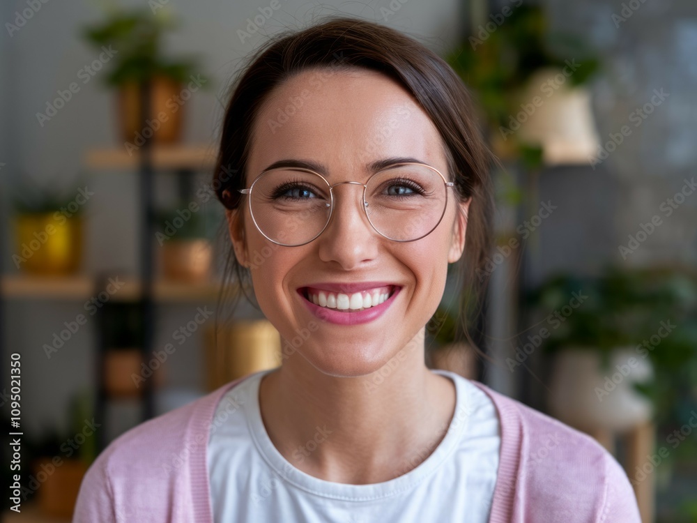 Happy woman glasses portrait. Smiling woman wearing glasses, radiating joy and confidence. Positive energy. Happy woman glasses portrait. Smiling woman wearing glasses, radiating joy and confidence. Positive energy.