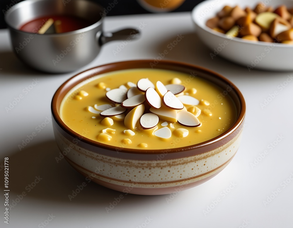 Creamy Corn Soup with Toasted Almonds Gourmet Food Photography Creamy Corn Soup with Toasted Almonds Gourmet Food Photography
