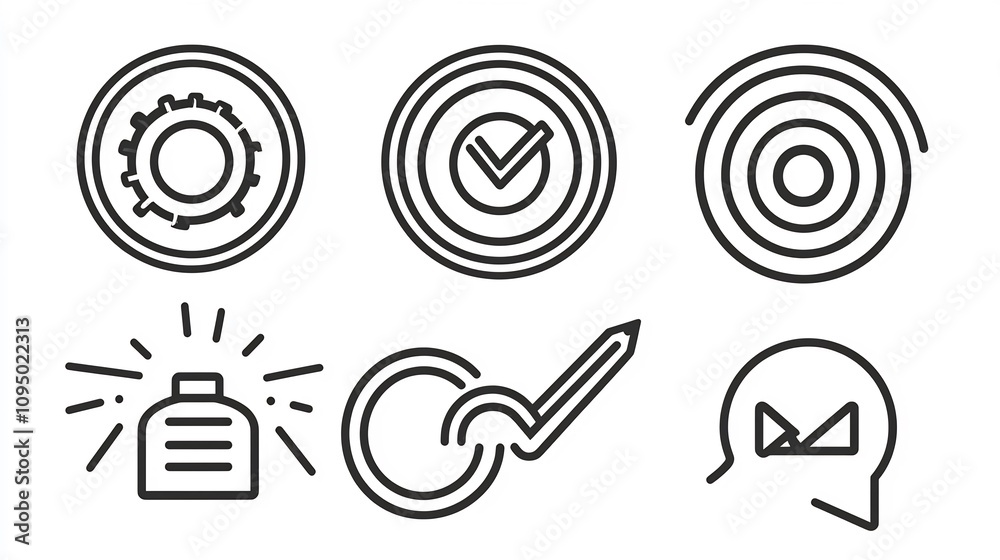 This set of contemporary black and white icons depicts key elements of project management workflow optimization and achieving success The simple outline based designs cover concepts like gears This set of contemporary black and white icons depicts key elements of project management workflow optimization and achieving success The simple outline based designs cover concepts like gears