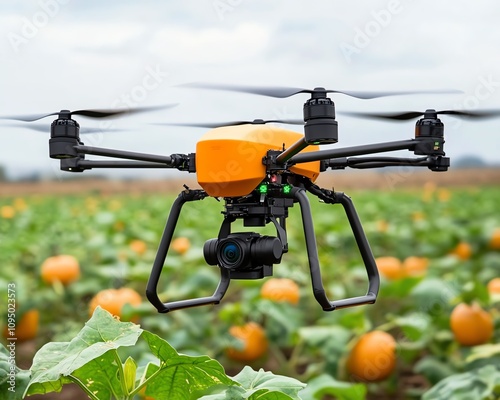 Drone flying over a pumpkin field. photo