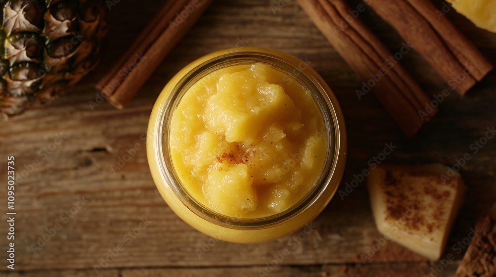 A pineapple compote in a small jar, placed on a rustic wooden surface with cinnamon sticks A pineapple compote in a small jar, placed on a rustic wooden surface with cinnamon sticks