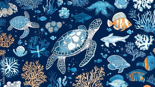 Vibrant and Colorful Underwater Stickers Featuring a Variety of Sea Creatures Like Turtles Fish and Corals in a Stunning Aquatic Style Design photo