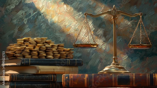 A Detailed and Balanced Scale of Justice Surrounded by Books and Coins Illuminated by Soft Light for Symbolic Representations of Law and Fairness
