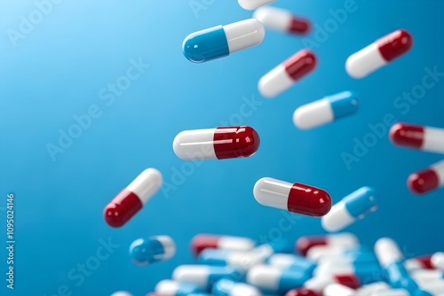 Antibiotic Capsules Falling on Blue Background - Medical and Healthcare Concept