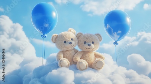 Adorable teddy bear set against a soft blue pastel backdrop featuring clouds and balloons