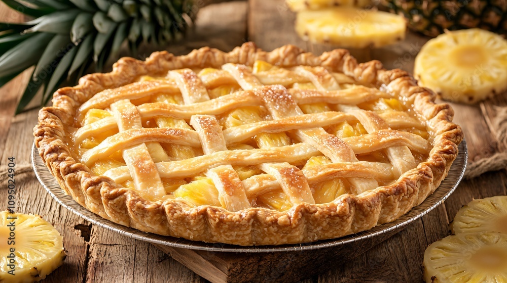 A pineapple pie with a lattice crust, surrounded by fresh pineapple slices on a rustic background A pineapple pie with a lattice crust, surrounded by fresh pineapple slices on a rustic background