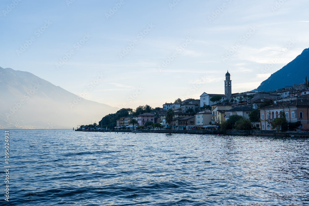 Fototapeta premium Limone Sul Garda, Italy - November 7, 2024: Landscape View of Lake Garda and mountains.