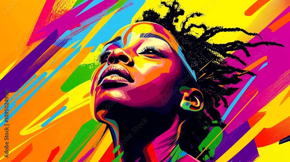 Naklejka premium Vibrant Digital Composition of a Bold Woman Gazing Upward Surrounded by Dynamic Strokes of Multicolored Abstract Shapes Radiating Energy and Movement