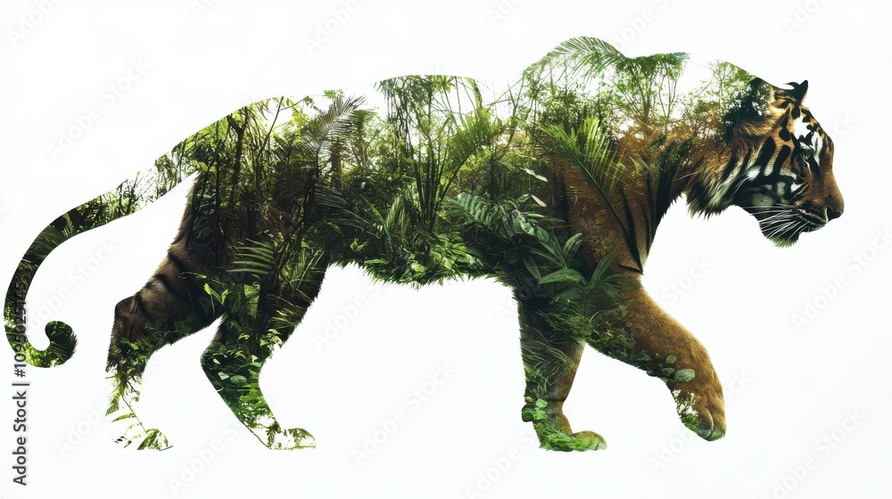 Fototapeta premium A tiger moves through a serene natural landscape, its form elegantly merging into vibrant foliage. The setting captures the beauty of the wild and the powerful grace of this majestic creature.