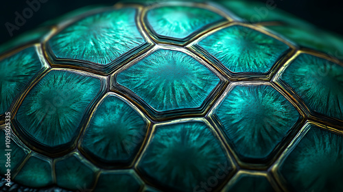 Close-up of a turtle shell with intricate patterns and textures. photo