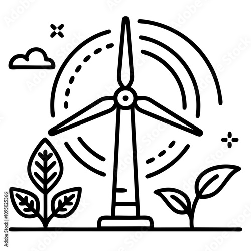 Line art icon of a spinning wind turbine with leaves, symbolizing wind energy and environmental innovation