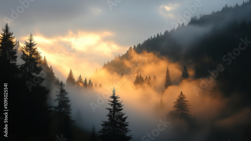 Misty sunrise illuminates forest-covered mountains, creating a dreamy landscape of golden light and swirling fog among towering evergreen trees.