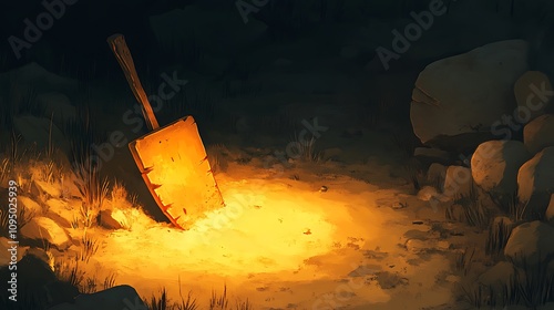 Wooden Shovel Resting In Glowing Sand At Night