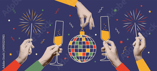 Hands with trendy halftone effect holding a glass of champagne, sparklers, disco ball. New Year and Christmas holiday party. Vector collage elements, greeting card, invitation, banner.