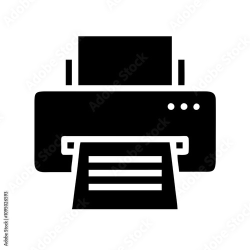 Minimalist black flat printer icon featuring a clean and modern design. The icon showcases a simplified silhouette of a printer, suitable for digital applications, websites, mobile a