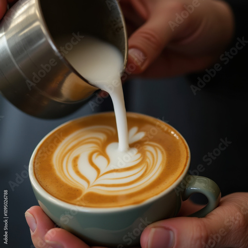 Latte Art Creation: Barista's Hands Pouring Steamed Milk