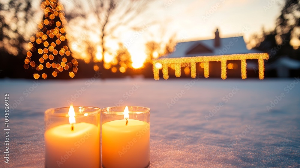 Two lit candles sit in the snow at sunset, with a blurry background of a house and Christmas tree lights. Warm and inviting winter scene. Two lit candles sit in the snow at sunset, with a blurry background of a house and Christmas tree lights. Warm and inviting winter scene.