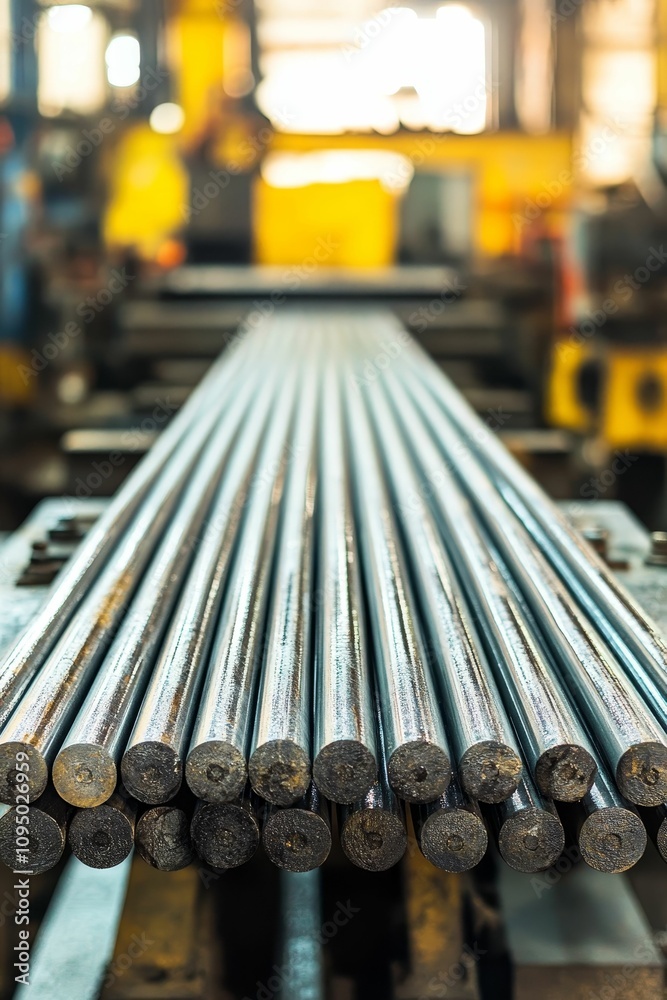 Stacked metal rods in industrial setting. Stacked metal rods in industrial setting.