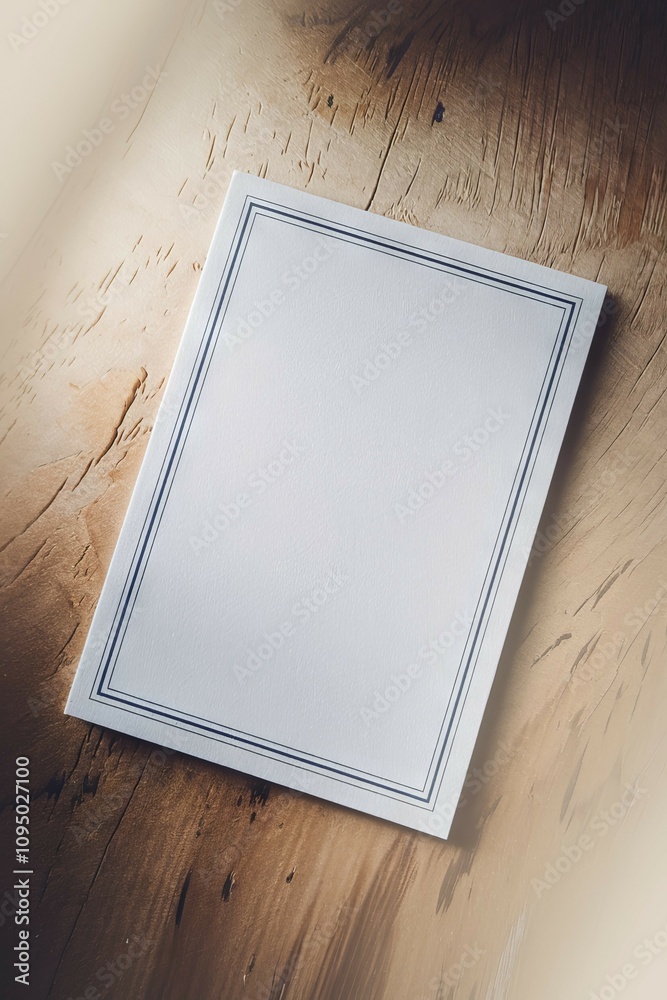 Fototapeta premium Blank notecard on wood. Elegant, minimalist notecard; evokes feelings of simplicity, intention, and a personal message.