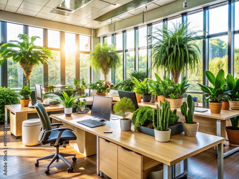 Fototapeta premium Lush Indoor Plants Enhancing Modern Office Space with Natural Light and Greenery for a Productive Work Environment