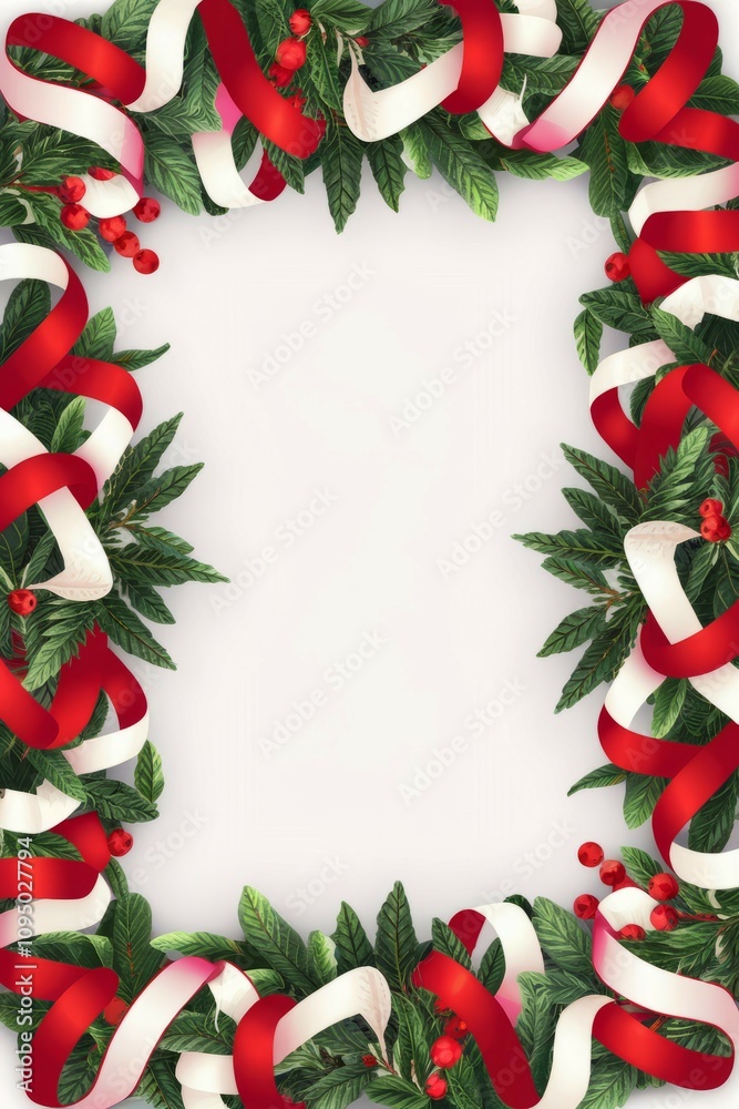 Festive christmas frame. Elegant holiday border; red and white ribbons, winter greenery, berries. Perfect for festive designs. Conveys joy and celebration.