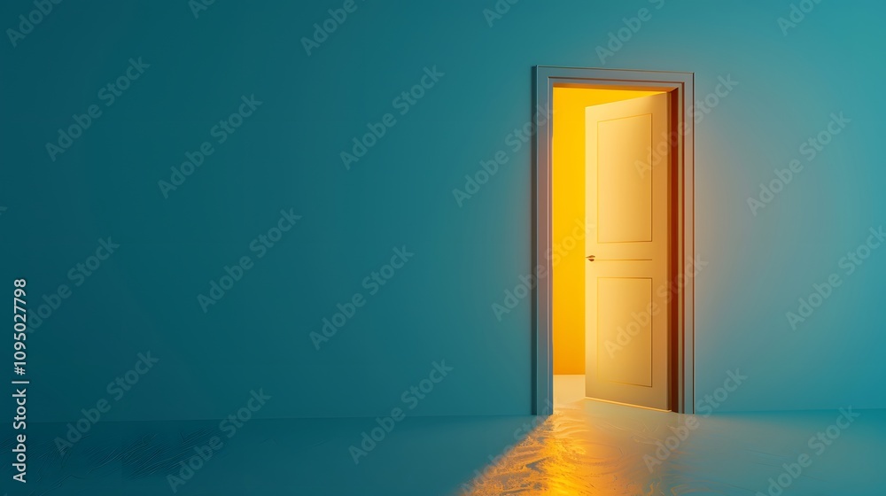 An open door with a warm yellow light shining through it into a teal room. An open door with a warm yellow light shining through it into a teal room.