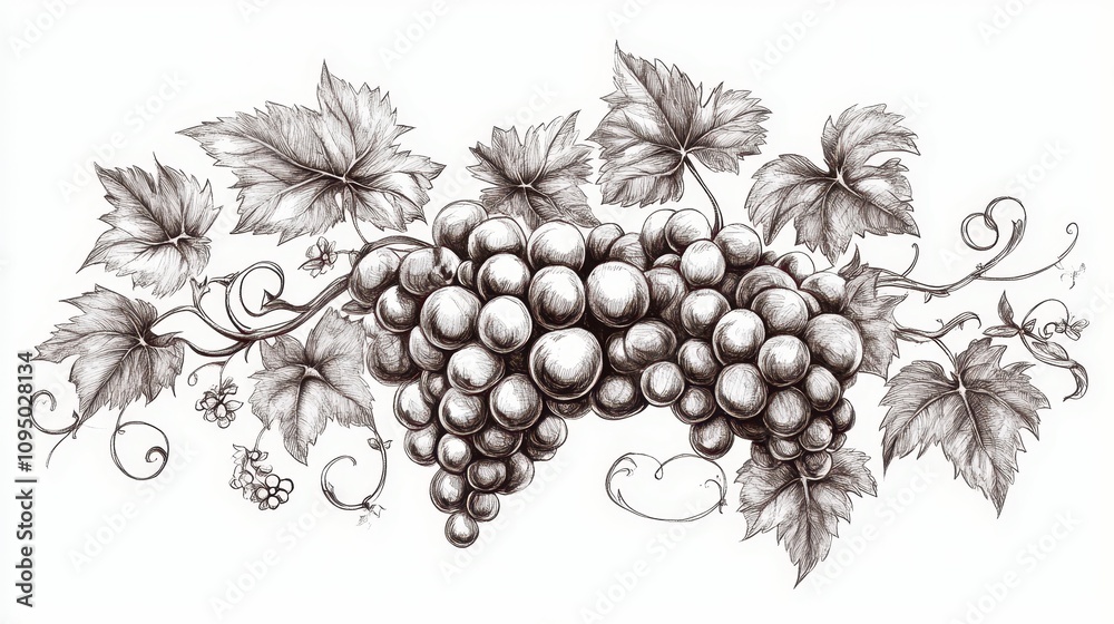 Obraz premium A detailed illustration of grapes and leaves, showcasing natural beauty and elegance.
