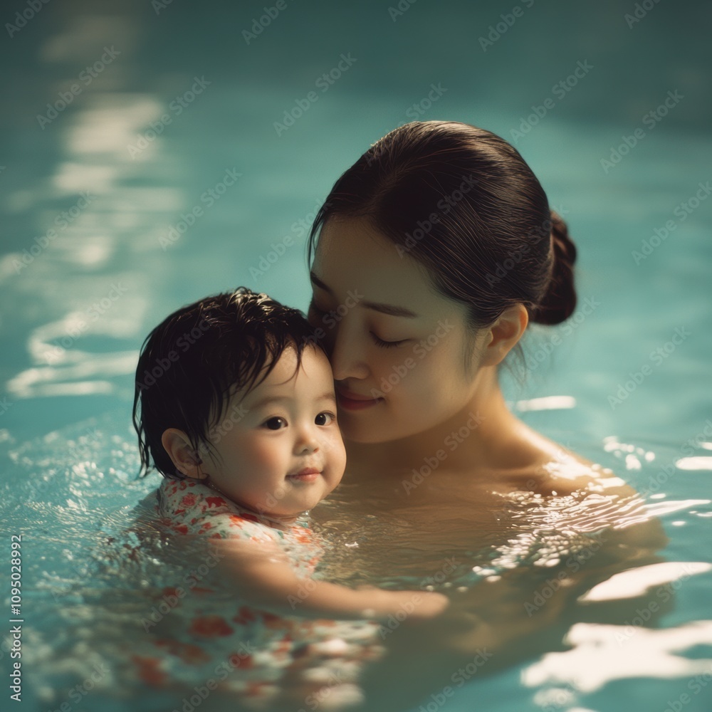 Mother and child swimming together in a relaxing indoor pool environment capturing joyful bonding moments Mother and child swimming together in a relaxing indoor pool environment capturing joyful bonding moments