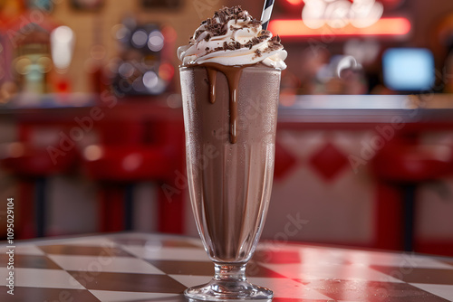 Mocha milkshake with whipped cream and chocolate shavings in retro diner, a creamy and delightful dessert