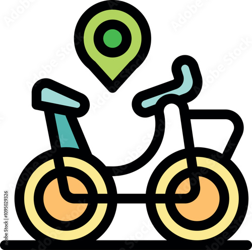 Bicycle sharing location pin shows available bike for rent, promoting eco friendly urban transportation