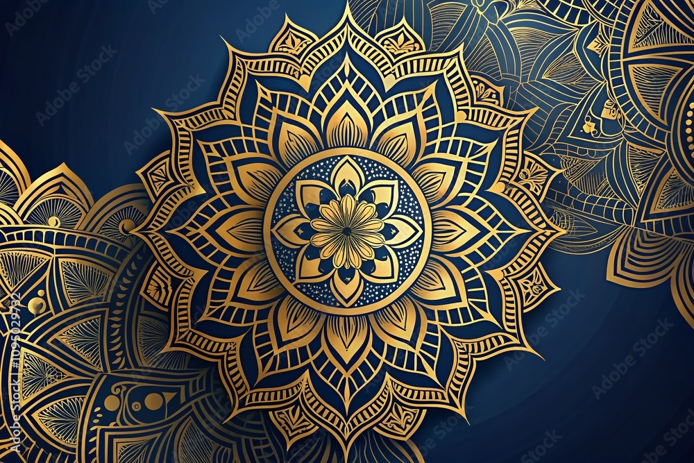 Luxury Mandala Background with Golden Lotus Pattern on Blue - Ideal for Print, Posters, Covers, Brochures, Flyers, and Banners for Elegant Designs and Marketing Needs Luxury Mandala Background with Golden Lotus Pattern on Blue - Ideal for Print, Posters, Covers, Brochures, Flyers, and Banners for Elegant Designs and Marketing Needs