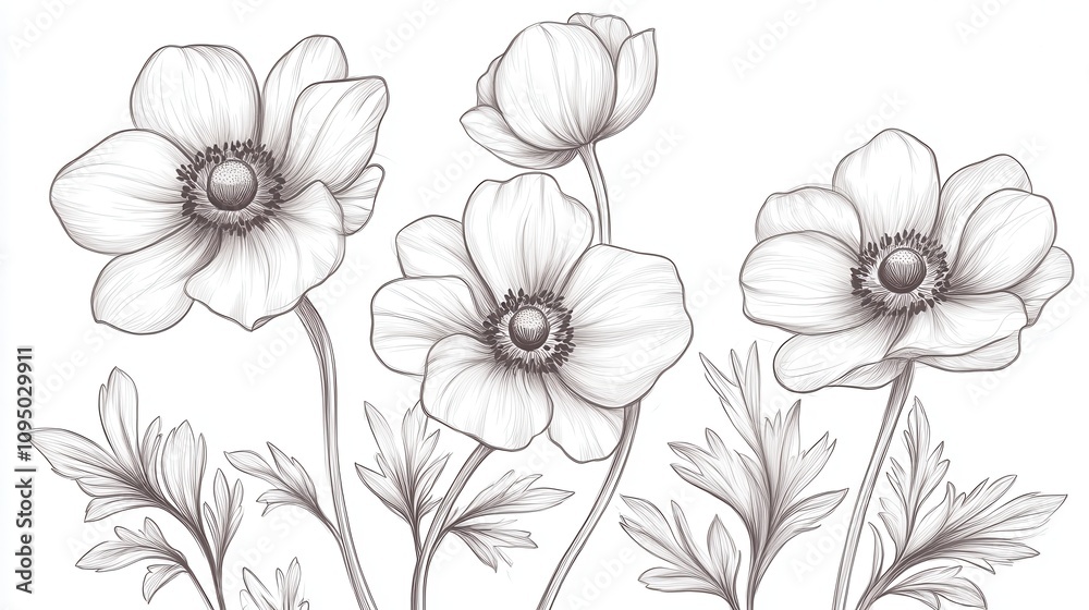 A delicate line drawing of white flowers with detailed petals and leaves. A delicate line drawing of white flowers with detailed petals and leaves.
