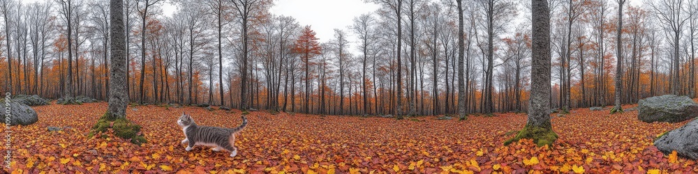 Autumn Forest Panoramic View with Dog among Fallen Leaves and Bare Trees Under Overcast Sky - Serene Nature Scene for Tranquil Walks and Wildlife Exploration Autumn Forest Panoramic View with Dog among Fallen Leaves and Bare Trees Under Overcast Sky - Serene Nature Scene for Tranquil Walks and Wildlife Exploration