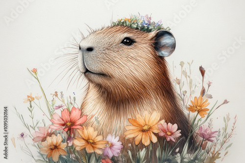 Capybara in bright flowers watercolor hues, woodland watercolor animal portrait. photo