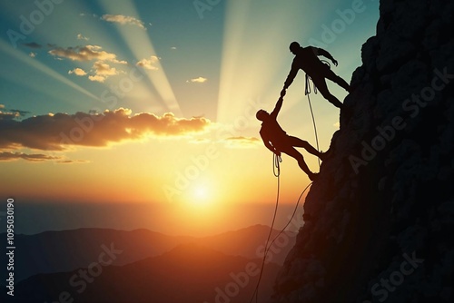 Helping Hand in the Mountains - Two Climbers in Action on a Rocky Peak During Sunset