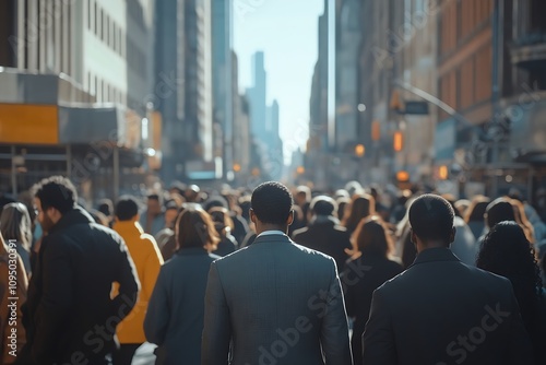 Back view businessman in city crowd, modern cityscape commute