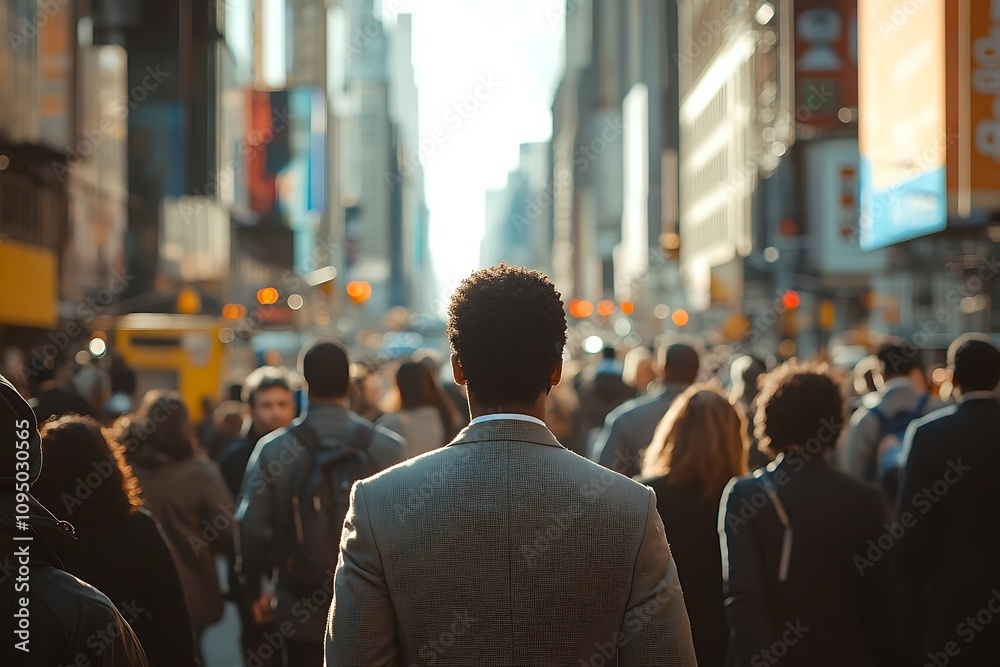 Fototapeta premium Back View Businessman Urban Commute, Cityscape Perspective