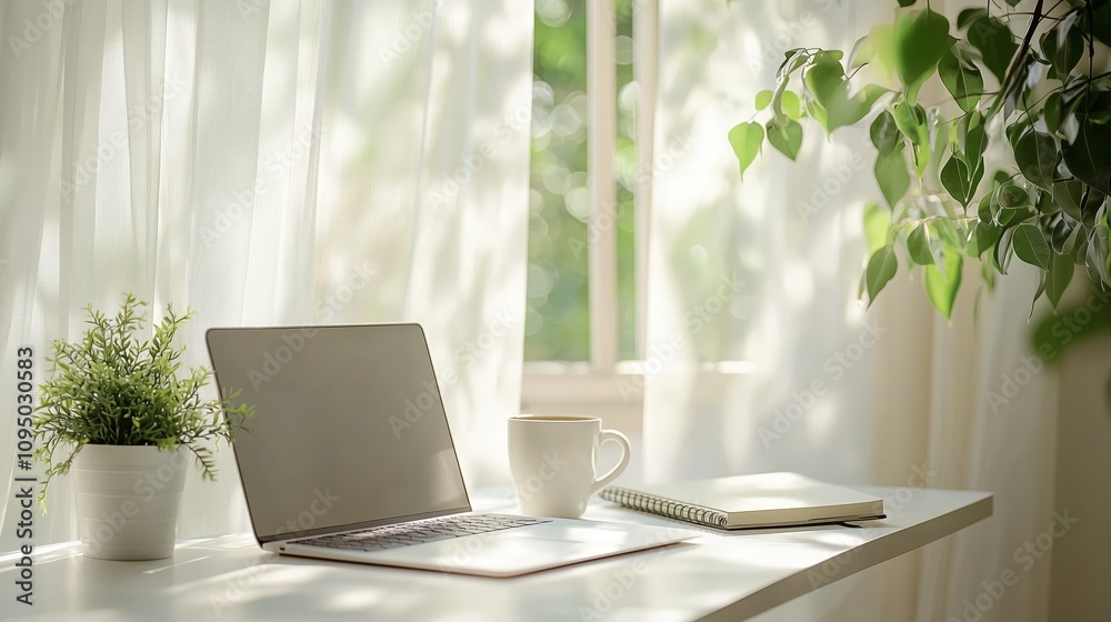 Fototapeta premium A Bright Minimalist Workspace Featuring a Laptop, Notebook, and Coffee Mug Surrounded by Lush Greenery and Natural Light in a Cozy Environment