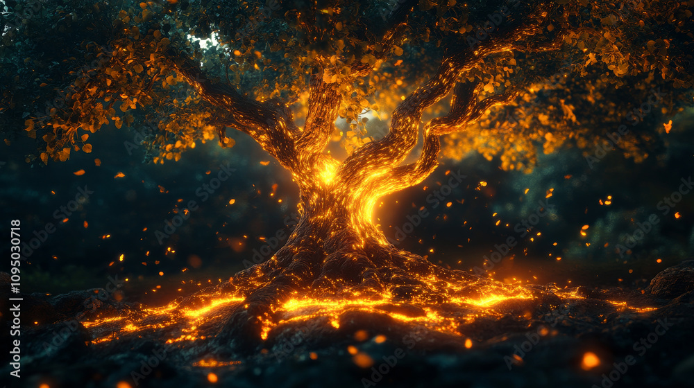 Majestic tree illuminated by glowing lava at twilight in a mystical forest setting Majestic tree illuminated by glowing lava at twilight in a mystical forest setting