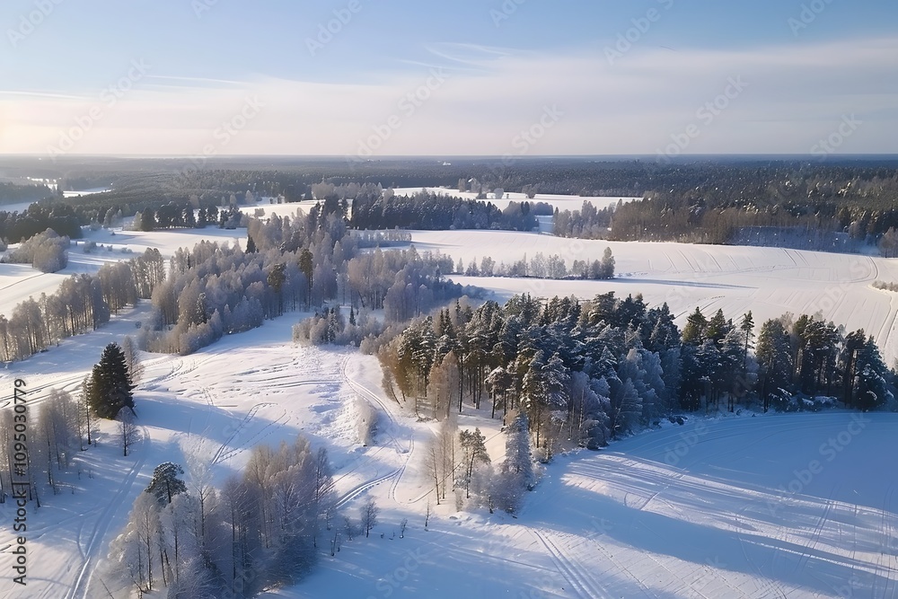 Aerial view of a serene winter landscape with snow-covered fields and frost-covered trees. Aerial view of a serene winter landscape with snow-covered fields and frost-covered trees.