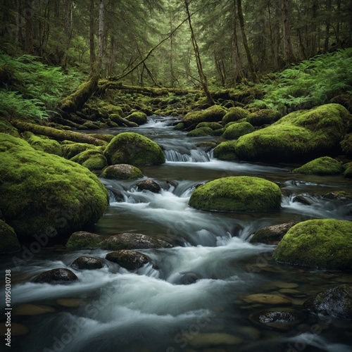 A tranquil forest stream with moss-covered rocks and gentle rapids.