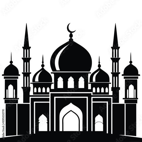 Islamic architecture, mosque silhouette, black and white, crescent moon, domes and minarets