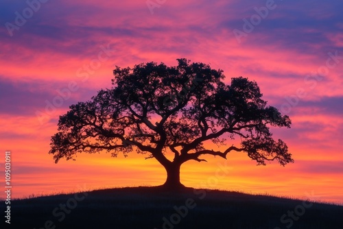 Majestic Oak Tree Silhouetted Against Vibrant Sunset Sky