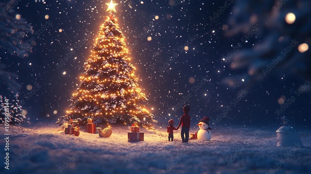 Obraz premium A Family Stands Before a Christmas Tree in the Snow