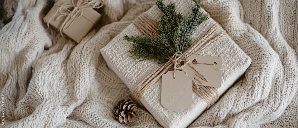 Wrapped gift boxes decorated with ribbon bows pine tree branches around christmas present giving surprise Wrapped gift boxes decorated with ribbon bows pine tree branches around christmas present giving surprise