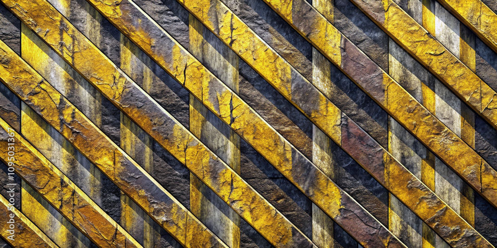 Obraz premium Diagonal bands of yellow and gray create a striking striped pattern, resembling a rugged industrial design. The use of earthy tones with a cracked effect adds a sense of weathered durability.AI genera