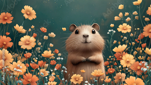 Capybara in bright flowers watercolor hues, woodland watercolor animal portrait. photo